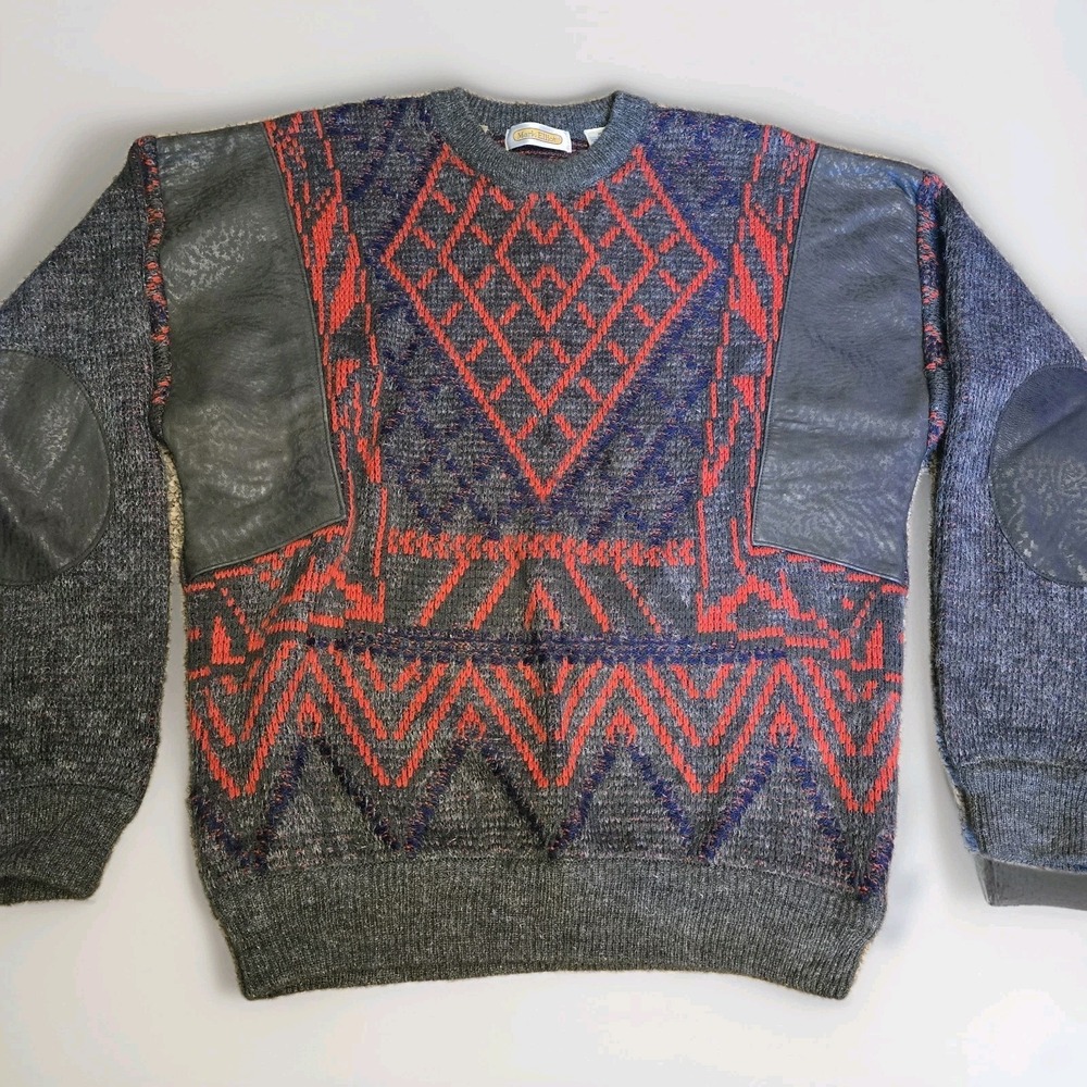 VTG 80s Mark Elliot Wool Blend Sweater Leather Patches Funky